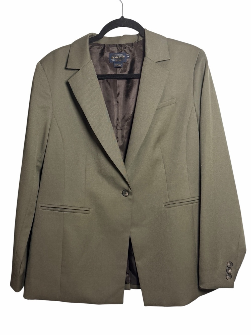 Pendleton Olive Green 100% Virgin Wool Blazer Single Button Career Jacket 14
